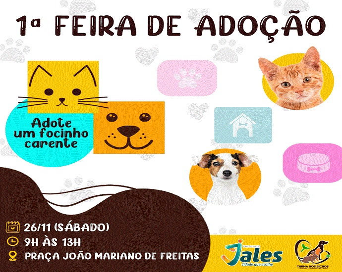 ADOÇÃO: Prefeitura de Jales e clínica Turma dos Bichos vão realizar “Feira de Adoção de Animais” na Praça João Mariano de Freitas